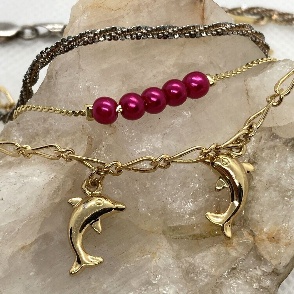 Vintage Lot of (3) Gold Tone Silver Tone Anklet 9.25'' Puffy Dolphin Red Pearl